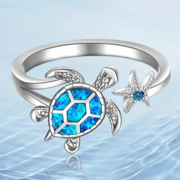 Stainless Adjustable Ring Blue Sea Turtle Starfish Ocean Christmas Birthday Gift - Picture 1 of 5